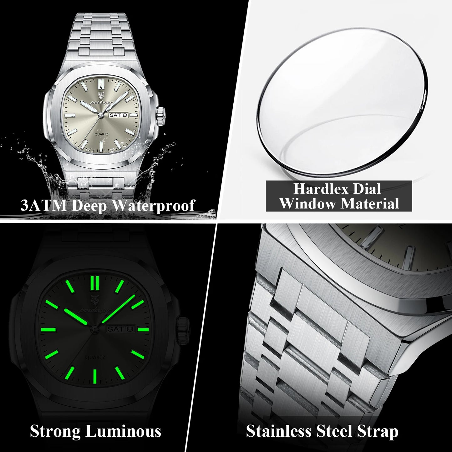 Luxury Man Watch Square Waterproof Luminous Date Week Men Watch Stainless Steel Quartz