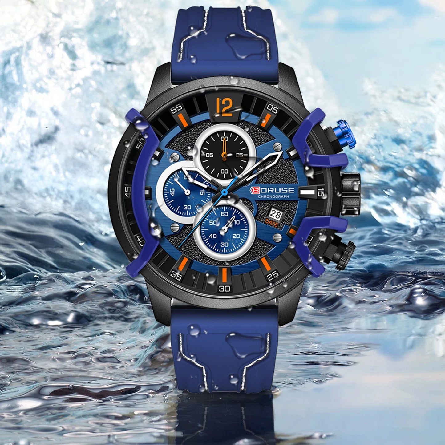 Men Chronograph Men Blue Quartz Watches  Luxury Male Silicone Wrist Business Calendar Waterproof Men's Watch