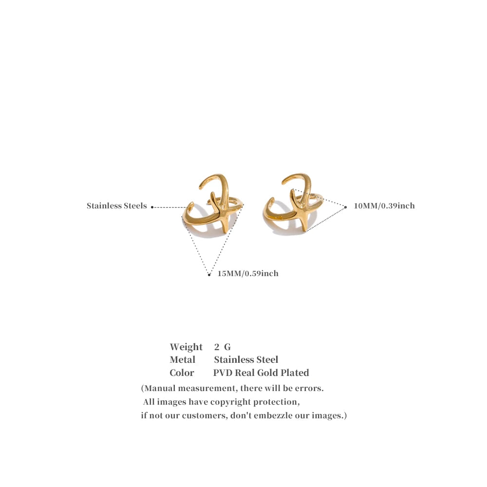 Ocean Style Non-Piercing Glossy Metal Starfish Ear Bone Clip Earrings PVD Plated Stainless Steel