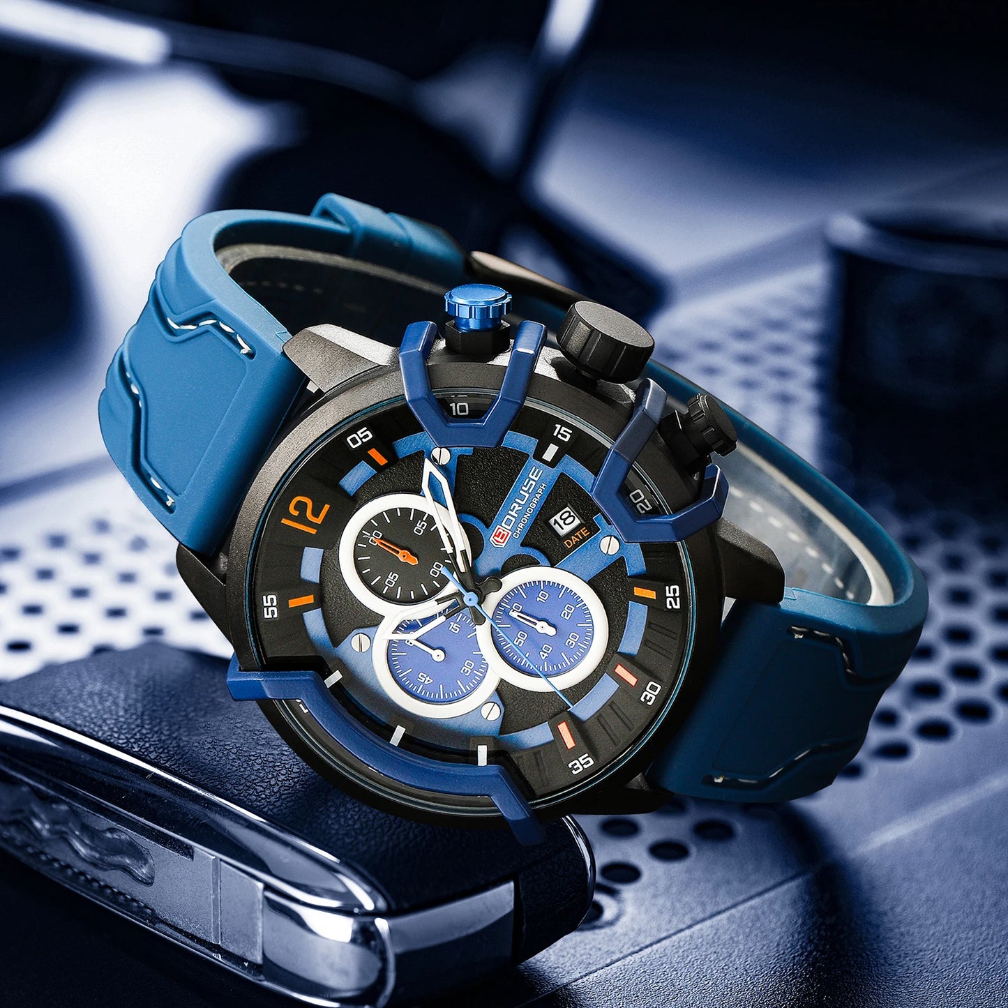 Men Chronograph Men Blue Quartz Watches  Luxury Male Silicone Wrist Business Calendar Waterproof Men's Watch