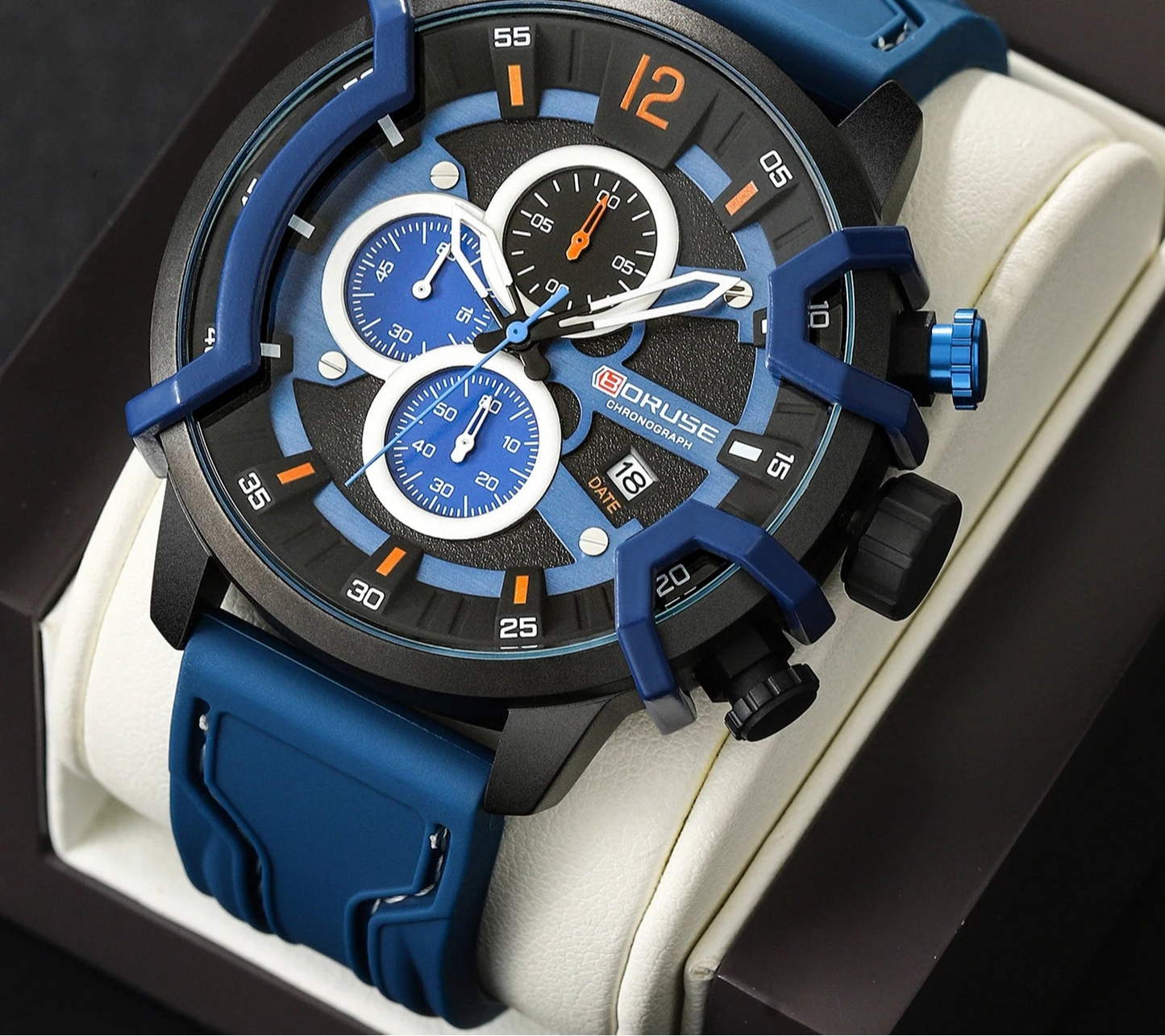 Men Chronograph Men Blue Quartz Watches  Luxury Male Silicone Wrist Business Calendar Waterproof Men's Watch
