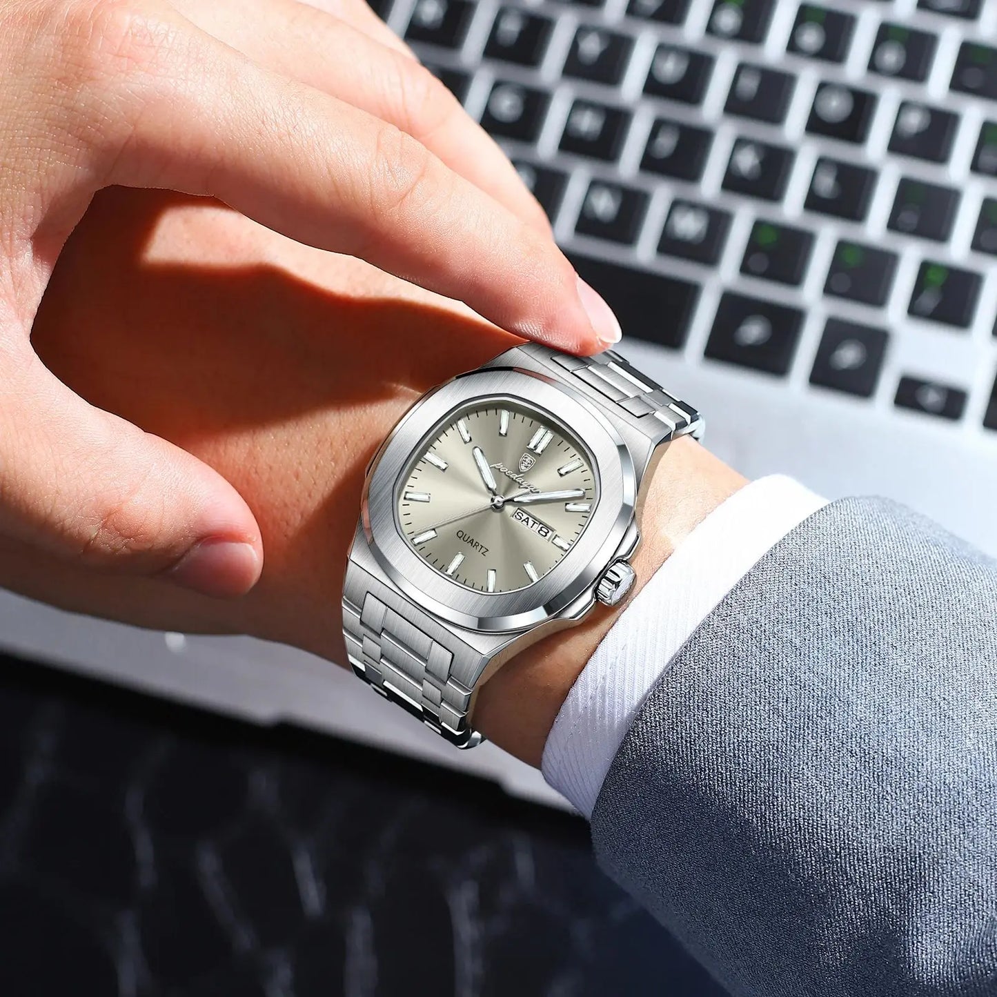 Luxury Man Watch Square Waterproof Luminous Date Week Men Watch Stainless Steel Quartz
