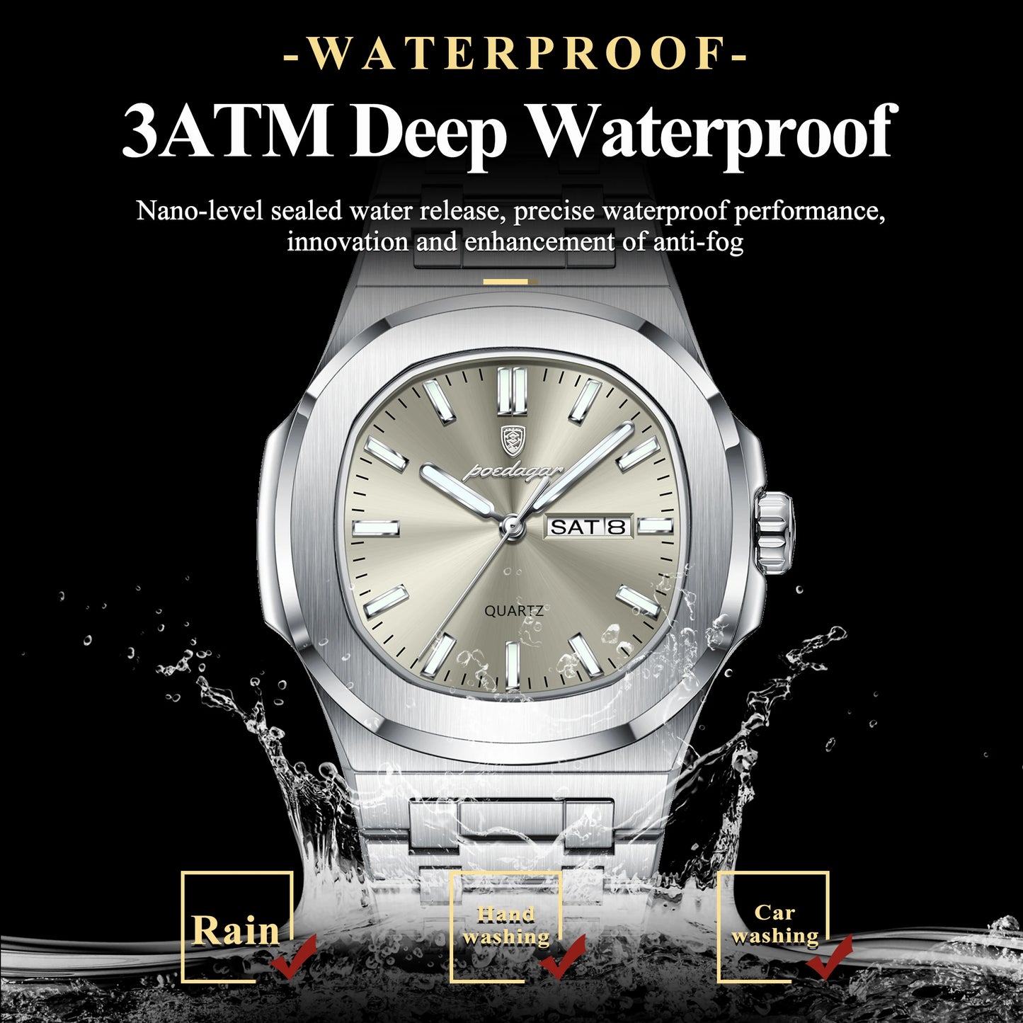 Luxury Man Watch Square Waterproof Luminous Date Week Men Watch Stainless Steel Quartz