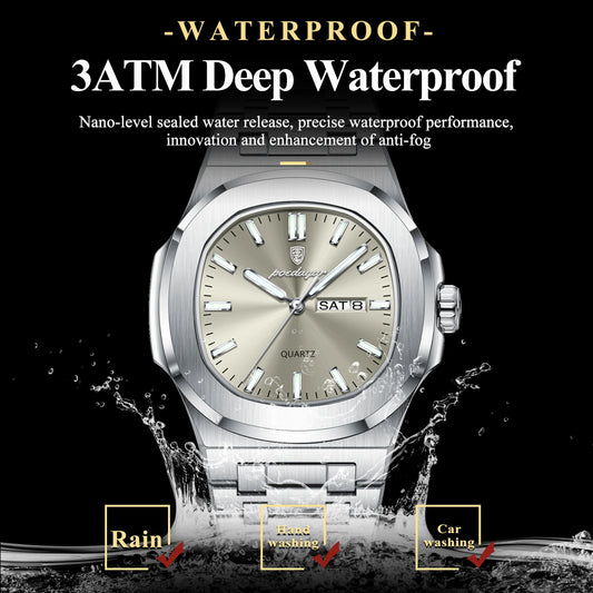 Luxury Man Watch Square Waterproof Luminous Date Week Men Watch Stainless Steel Quartz