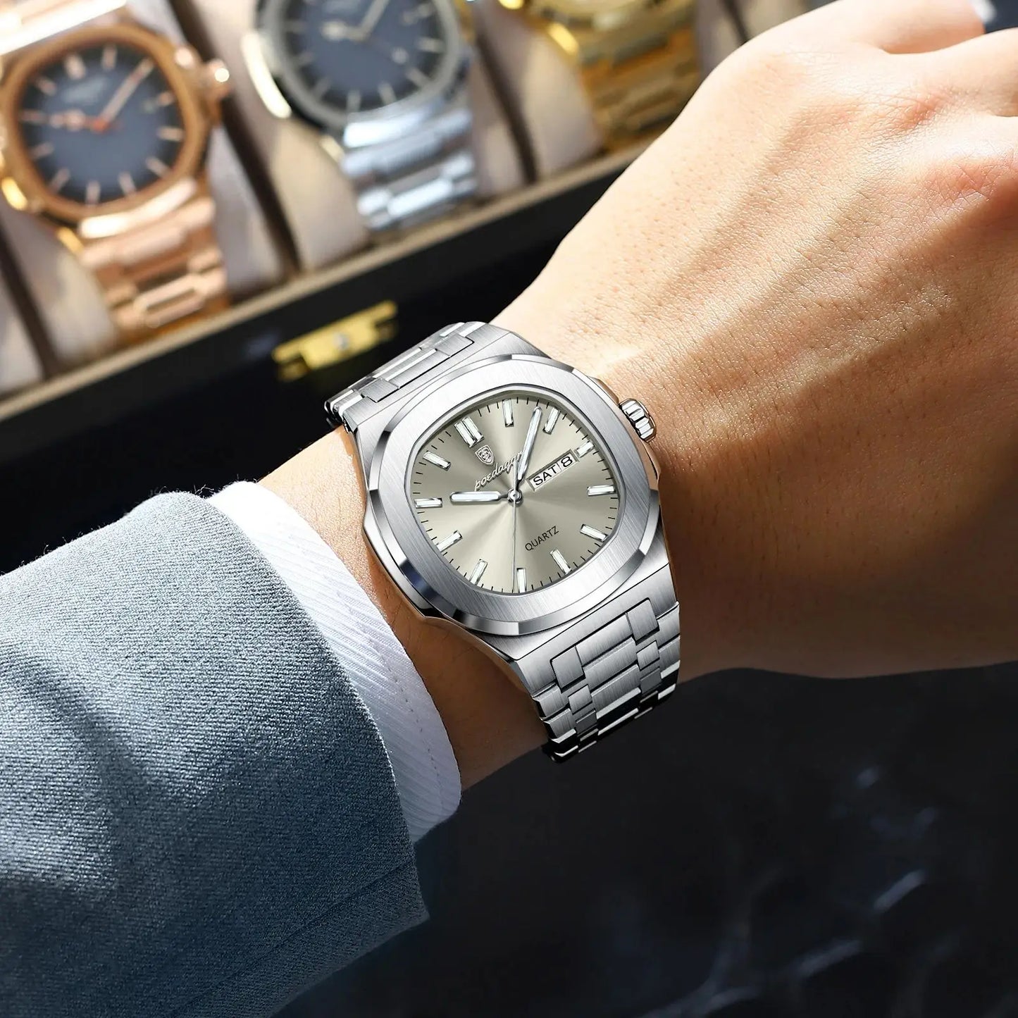 Luxury Man Watch Square Waterproof Luminous Date Week Men Watch Stainless Steel Quartz
