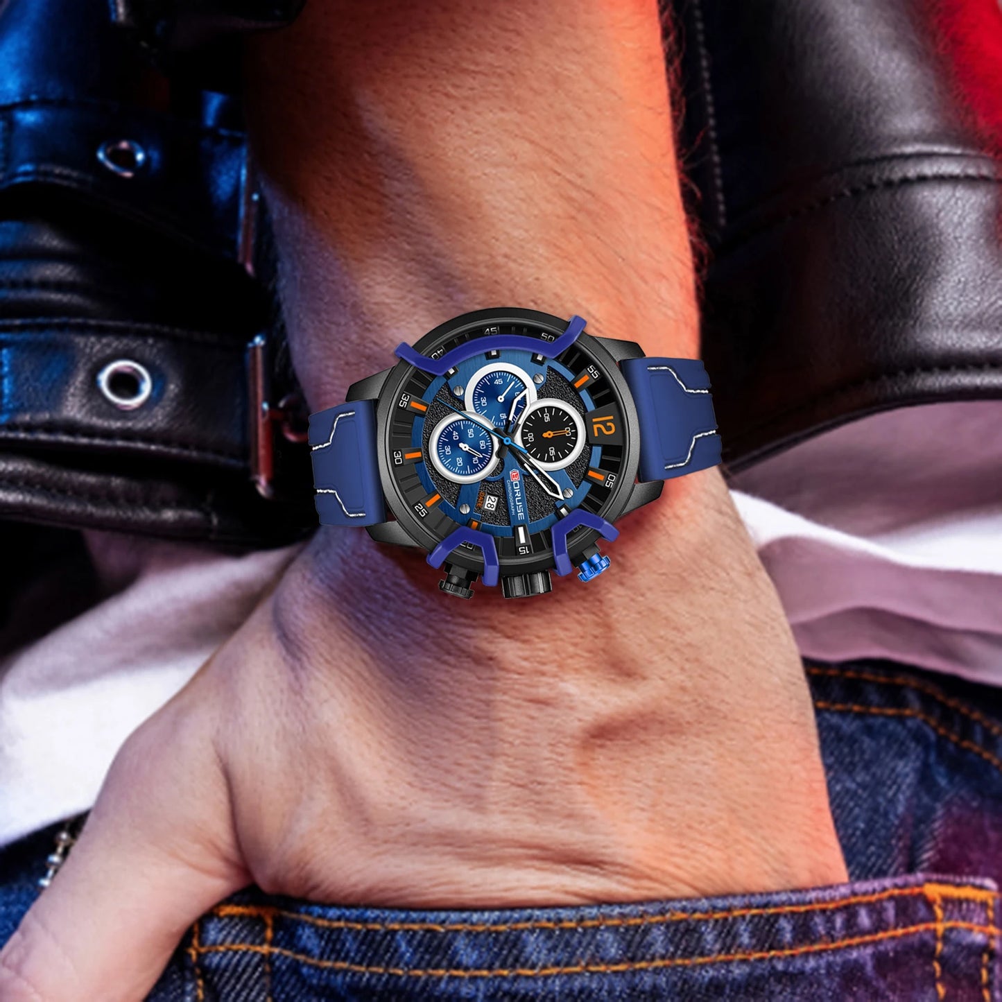 Men Chronograph Men Blue Quartz Watches  Luxury Male Silicone Wrist Business Calendar Waterproof Men's Watch
