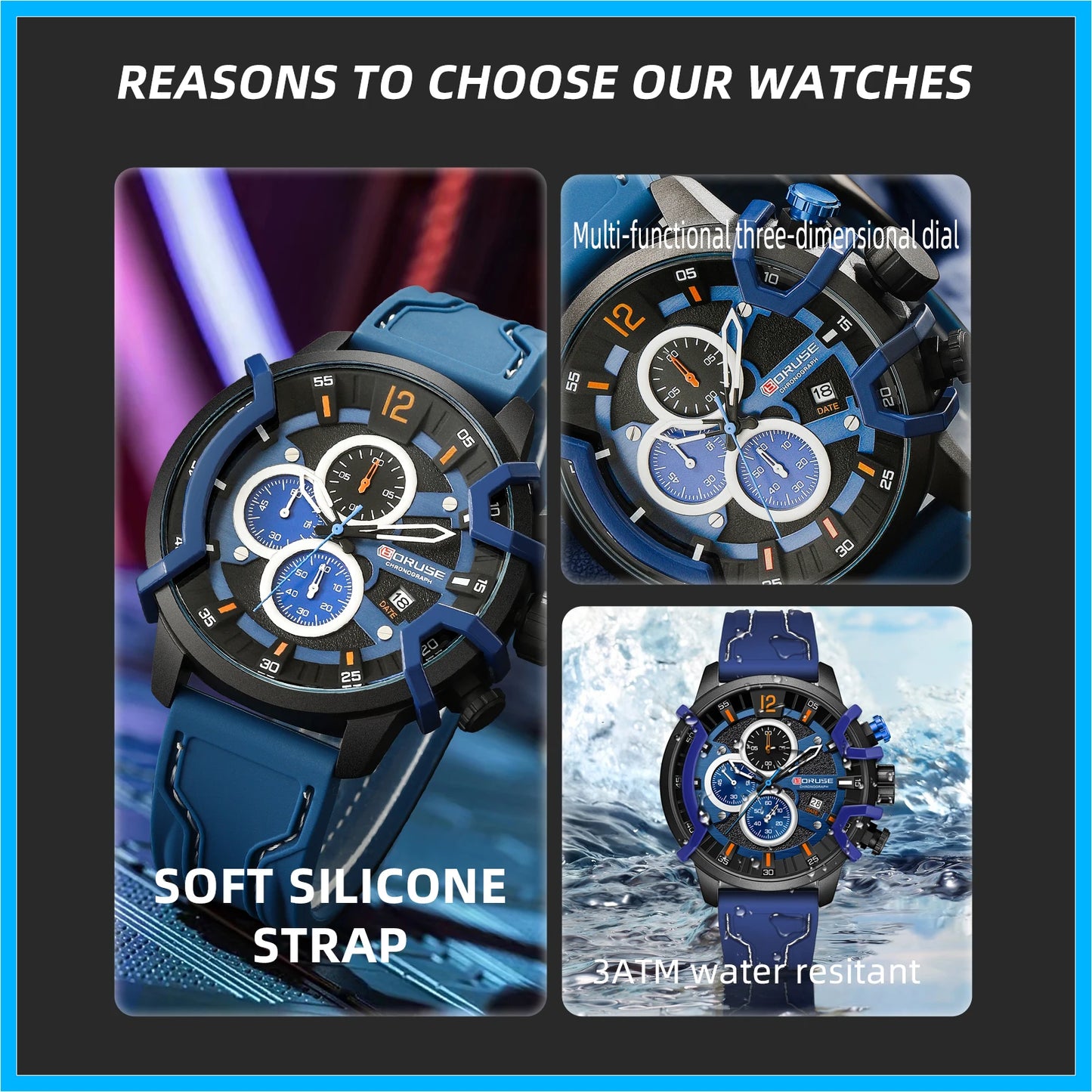 Men Chronograph Men Blue Quartz Watches  Luxury Male Silicone Wrist Business Calendar Waterproof Men's Watch
