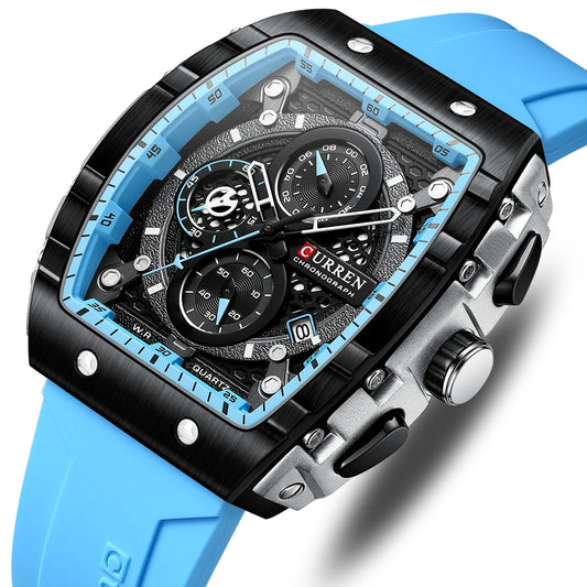 Tonneau Dial Sport Watch for Men Fashion Waterproof Quartz Wristwatch with Auto Date Yellow Silicone Strap Luminous